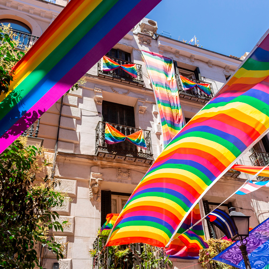 Particolare del quartiere di Chueca decorato durante l'Orgoglio di Madrid, Comunità di Madrid