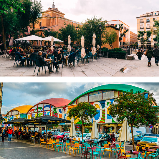 Plaza del Dos de Mayo dans le quartier de Malasaña et le marché de la Cebada dans le quartier La Latina, Madrid