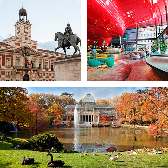 En haut à gauche : Puerta del Sol. En haut à droite : Cafétéria du musée Reina Sofía. En bas : Palais de Cristal dans le parc du Retiro.