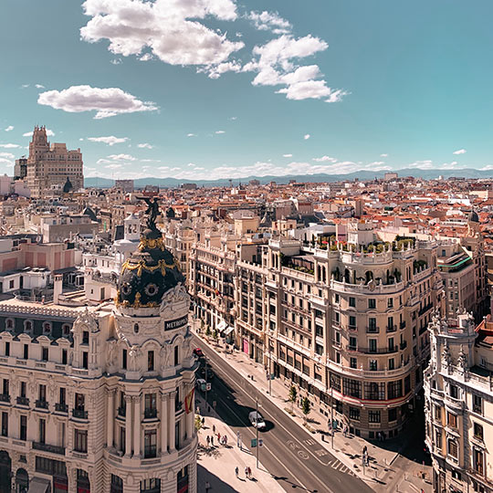 View of Gran Vía and Calle Alcalá from Madrid’s Círculo de Bellas Artes