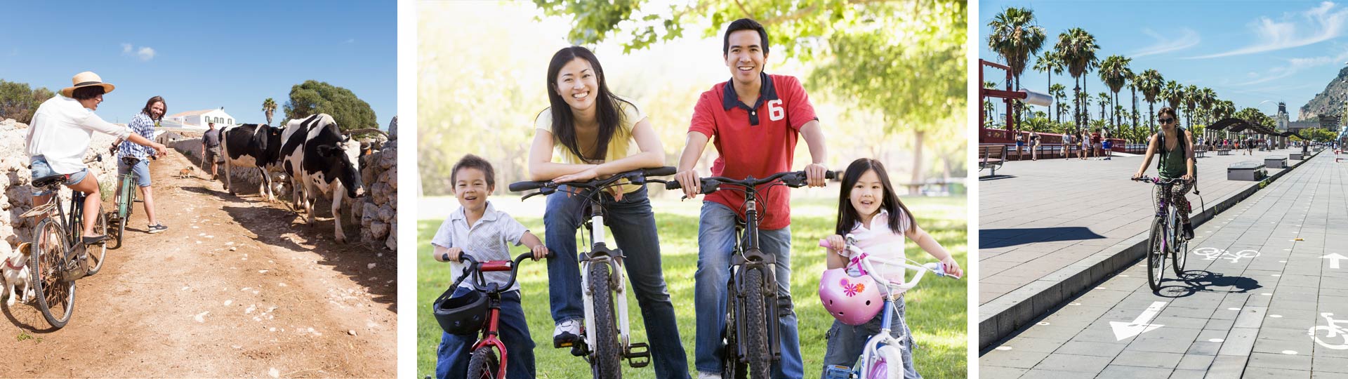 Von links nach rechts: Touristen auf dem Fahrrad auf Menorca / Familie / Radfahrer in Barcelona