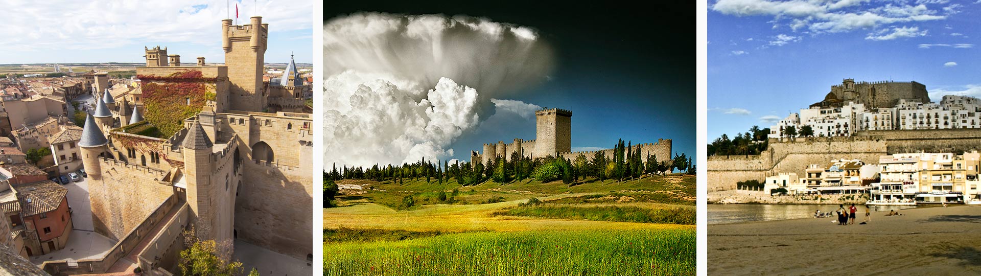 Burg von Olite (Navarra), Burg von Peñaranda de Duero (Kastilien-León) und Burg von Peñíscola (Region Valencia)