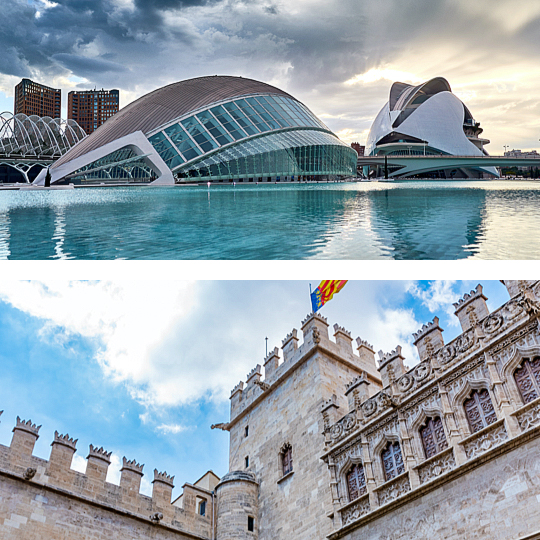 Arriba: La Ciudad de las Artes y las Ciencias / Abajo: Lonja de la Seda en Valencia