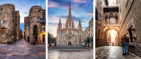 Izquierda: Entrada al barrio Gótico / Centro: Catedral de Barcelona / Derecha: Puente del Bisbe en Barcelona, Cataluña