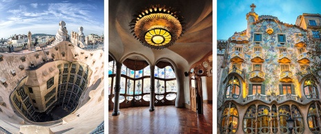 Links: Casa Milà © Jaroslav Moravcik / Mitte: Interieur der Casa Batlló © Montipaiton / Rechts: Casa Batlló in Barcelona, Katalonien © Alan Tan