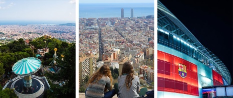 Sinistra: Veduta dal Tibidabo / Centro: Veduta di Barcellona dai bunker del Carmel / Destra: Esterno del Camp Nou a Barcellona, Catalogna