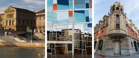 Links: Universität Deusto / Mitte: Euskalduna-Palast / Rechts: Getreidemarkt Alhóndiga in Bilbao, Baskenland