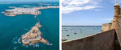  À gauche : Vue aérienne de Cadix et du château de Santa Catalina / À droite : Château de San Sebastián à Cadix, Andalousie