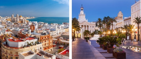 À gauche : Vue de Cadix de la tour Tavira / À droite : Plaza San Juan de Dios à Cadix, Andalousie