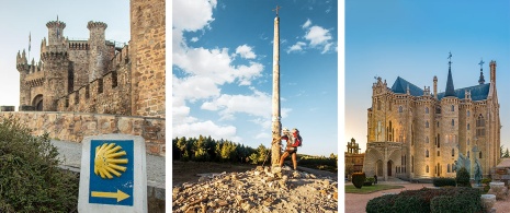 Links: Mittelalterliche Burg von Ponferrada / Mitte: Cruz de Ferro / Rechts: Bischoffspalast von Astorga