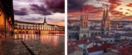 À gauche : Plaza Mayor de León / À droite : Vue de la ville de Burgos