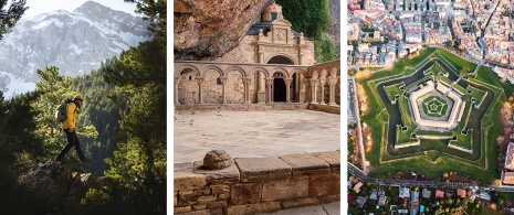 Caminhantes em vilarejo de arquitetura popular em Aragón, em Hecho