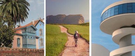  Left: Indiano house in Llanes / Centre: Pilgrim on the coast of Asturias / Right: Niemeyer Centre in Avilés