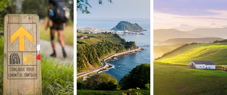 Izquierda detalle de una señal / Medio: Vistas de Getaria, Guipúzcoa / Derecha: Granero en Orlíz, Vizcaya