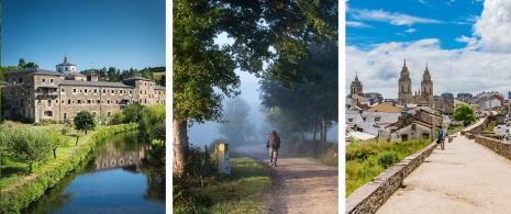 Left: Monastery of San Julián de Samos / Centre: Pilgrim in a forest in Galicia / Right: Lugo city walls and cathedral