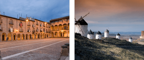 Sinistra: Piazza a Sigüenza (Guadalajara). A destra: Mulini a Consuegra (Toledo)