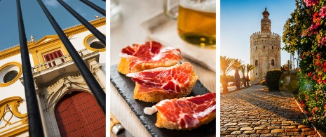 Left: La Maestranza bullring / Centre: Iberian ham tapas dish / Right: Torre del Oro in Seville, Andalusia 