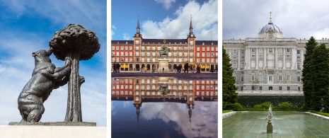 Left: Puerta del Sol square/ Centre: Plaza Mayor square/ Right: Royal Palace in Madrid