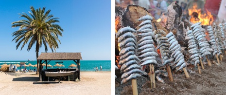 Malaga Beach and a stall selling food on skewers in Malaga, Andalusia