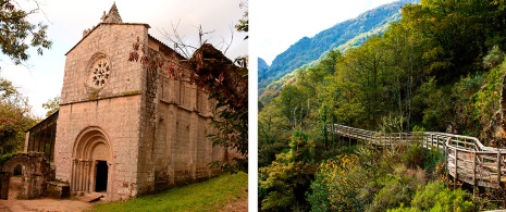 Esquerda: Mosterio de Santa Cristina de Ribas de Sil. Direita: Passarelas do rio Mao