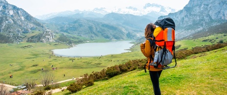 Tourist in Covadonga Lakes, Picos de Europa National Park