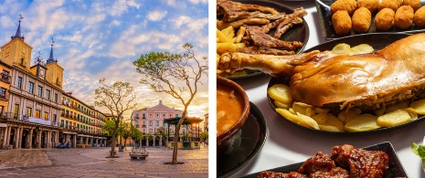 À gauche : Plaza Mayor / À droite : Cochon de lait et autres tapas à Ségovie, Castille-León