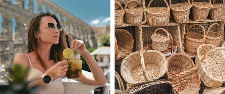 Links: Ein Tourist bei einem Cocktail am Aquädukt in Segovia / Rechts: Korbwarengeschäft in Segovia, Kastilien-León