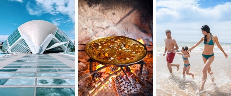 À gauche : Cité des arts et des sciences / au centre : paella sur le feu / à droite : touristes sur la plage de Valence