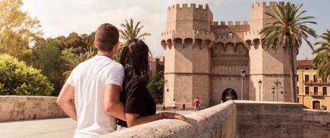 Tourists at the Serrano Towers in Valencia