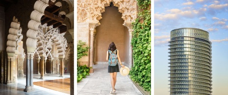 Links und Mitte: Aljafería / Rechts: Torre del Agua in Zaragoza, Aragonien