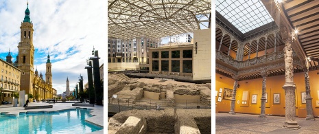 Izquierda: Plaza del Pilar / Centro: Museo del Teatro Caesaraugusta © Hydra Viridis / Derecha: Patio de la Infanta en Zaragoza, Aragón © Renata Sedmakova