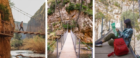 Várias imagens de pontes suspensas sobre o rio Turia perto de @U[Chulilla, em Valência, Comunidade Valenciana