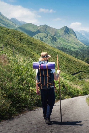 Pilgrim walking among mountains