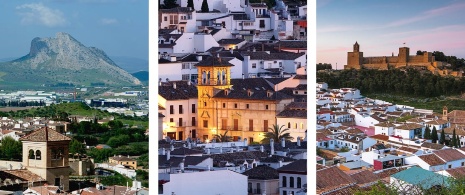 Esquerda: Vista da Peña de los Enamorados desde Antequera em Málaga, Andaluzia / Centro: Detalhe do perímetro antigo de Antequera em Málaga, Andaluzia / Direita: Vistas da Alcazaba de Antequera em Málaga, Andaluzia