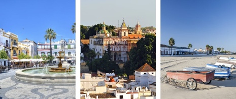 Esquerda: Vista da Plaza del Cabildo de Sanlúcar de Barrameda em Cádiz, Andaluzia © roberaten / Centro: Auditório da Merced de Sanlúcar de Barrameda em Cádiz, Andaluzia / Direita: Praia de Sanlúcar de Barrameda em Cádiz, Andaluzia © joan_bautista