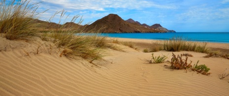 Blick auf die Dünen im Naturpark Cabo de Gata-Níjar in Almería, Andalusien