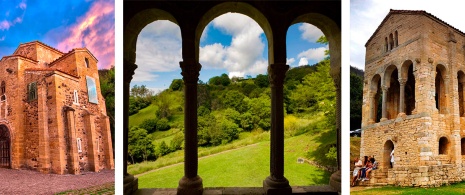 Ikonen aus der vorrömischen Zeit in Asturien: Kirche San Miguel de Lillo, Nahaufnahme von Santa María del Naranco und Kirche Santa María del Naranco