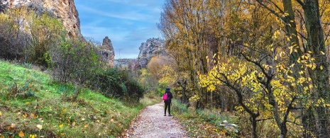  Wanderer im Naturpark Barranco del Río Dulce in Guadalajara, Kastilien-La Mancha 