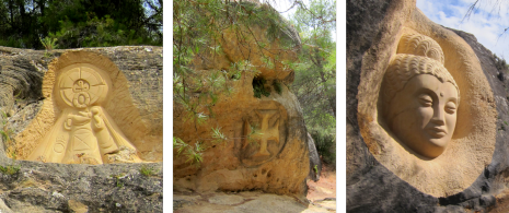 Detalles de rostros de la Ruta de las Caras de Buendía en Cuenca, Castilla-La Mancha