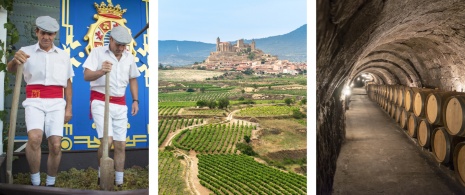 Sinistra: cerimonia di apertura della Festa della Vendemmia di Jerez de la Frontera a Cadice, Andalusia ©KikoStock/Centro: veduta dei vigneti di San Vicente de la Sonsierra, La Rioja/Destra: particolare delle cantine sotterranee della Ribera del Duero, Castiglia e León ©Chiyacat