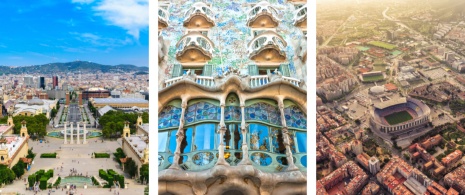 View of the city from Montjuïc, detail of Casa Batlló and view of Camp Nou and Palau Blaugrana in Barcelona, Catalonia © Centre: Luciano Mortula / Right: Marchello74