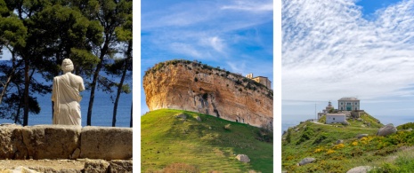 Izquierda: Detalle del Esculapio en las ruinas griegas de Empúries en Girona, Cataluña / Centro: Vista de la Ermita de San Pantaleón de Losa en Burgos, Castilla y León  / Derecha: Cabo Finisterre en A Coruña, Galicia