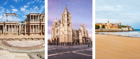 Esquerda: Teatro Romano de Mérida, Estremadura / Centro: Vista da Catedral de León, Castilla y León / Direita: Vista da praia de Gijón, Astúrias