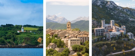 À gauche : Phare de Higer de Fontarrabie dans la province du Guipuscoa, Pays basque / Au centre :  Détail du village d’Aínsa dans la province de Huesca, Aragon / À droite : Monastère Sant Pere de Rodes dans la province de Gérone, Catalogne