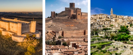 À gauche : Vue du château du Cid de Jadraque dans la province de Guadalajara, Castille-La Mancha / Au centre : Détail des remparts de Molina de Aragón dans la province de Guadalajara, Castille-La Mancha / À droite : Commune de Bocairent dans la province de Valence, région de Valence