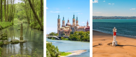 À gauche : Naissance de l’Èbre à Fontibre dans la commune de Hermandad de Campoo de Suso, Cantabrie / Au centre : Vue de la basilique Nuestra Señora del Pilar à Saragosse, Aragon / À droite : Phare du Fangar dans le delta de l’Èbre dans la province de Tarragone, Catalogne