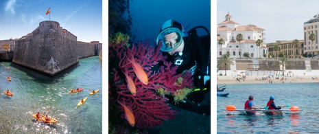 Links: Touristen beim Kajakfahren im Wassergraben der Königlichen Mauern / Zentrum: Taucher auf dem Meeresgrund von Ceuta / Rechts: Pärchen beim Kajakfahren am Strand von La Ribera