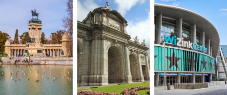 Parque do Retiro, Porta de Alcalá e detalhe do WiZink Center em Madri, Comunidade de Madri © Esquerda: Color Maker / Direita: Javierglezphoto