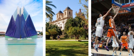 Detalhe da Ágora da Cidade das Artes e das Ciências, dos jardins de Turia e uma partida no ginásio Fuente de San Luis de Valência, Comunidade Valenciana © Esquerda: Mark Pitt / Direita: Efecreata