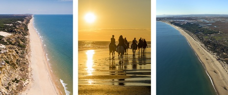 À gauche : Plage de Mazagón / Au centre : Des chevaux au coucher du soleil sur la plage de Mazagón / À droite : Plage d’Islantilla, dans la province de Huelva (Andalousie)